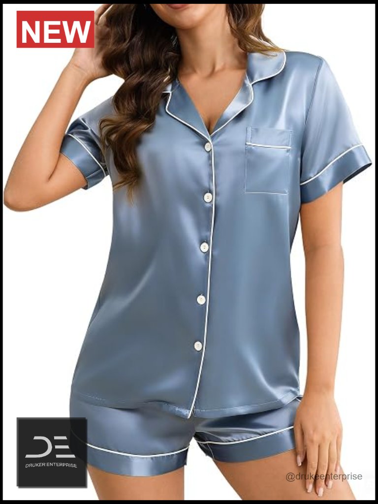 100% Pure Mulberry Silk Pajama Set Short Sleeve Button Down Loungewear